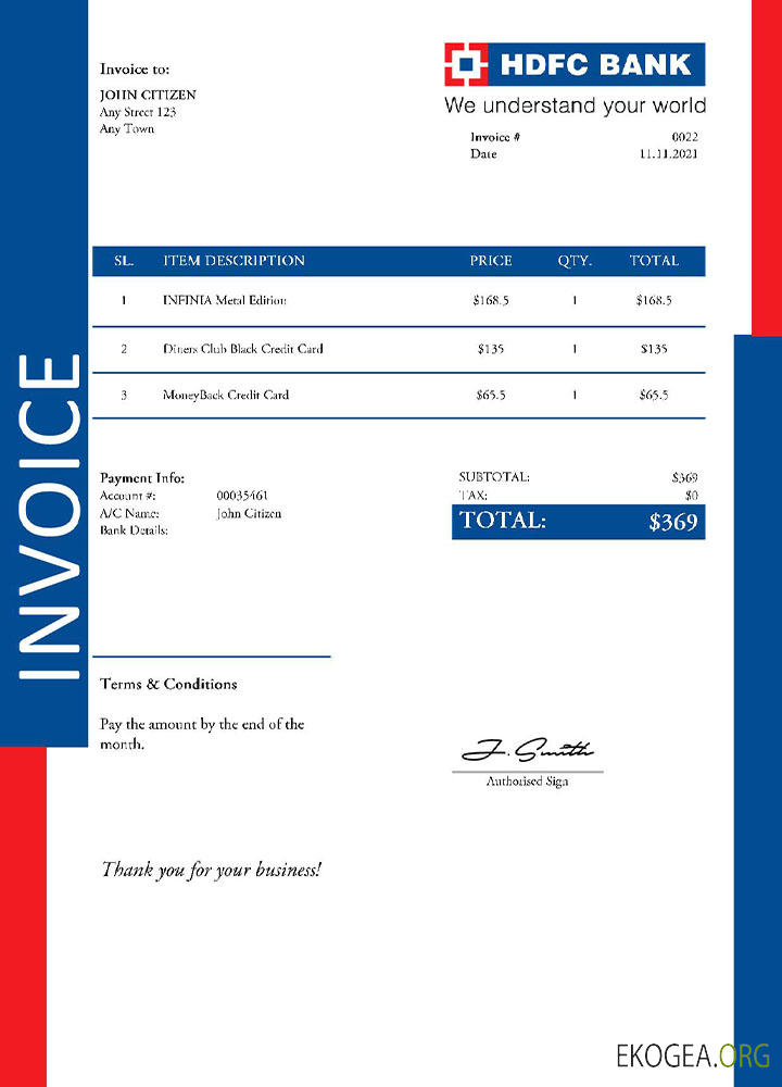 Modèle de facture USA HDFC